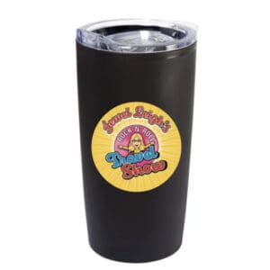A black cup with a donut on it.