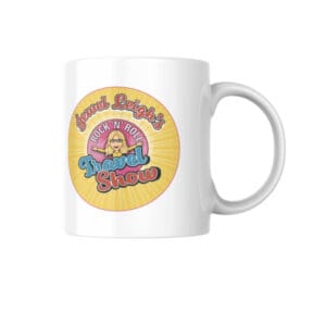 A white coffee mug with a donut and sprinkles logo.