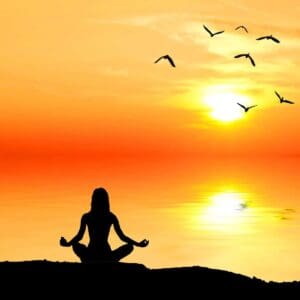 A woman sitting in the sunset with birds flying overhead.